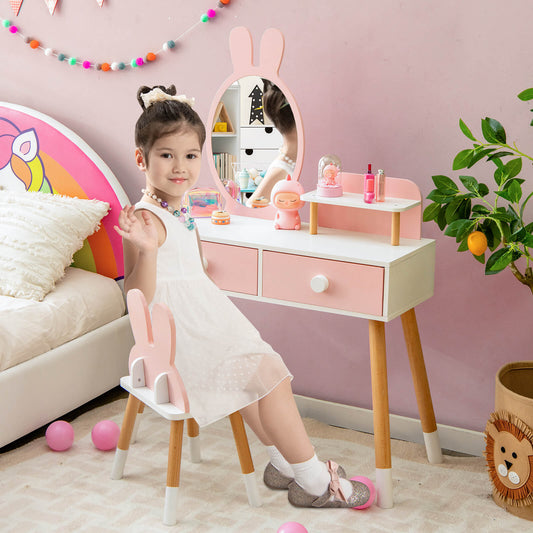 Kids Vanity Table and Chair Set with Drawer Shelf and Rabbit Mirror, Pink - Gallery Canada