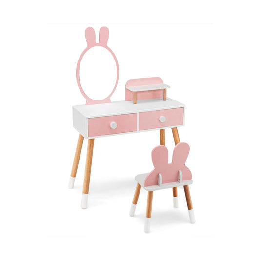 Kids Vanity Table and Chair Set with Drawer Shelf and Rabbit Mirror, Pink