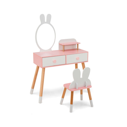 Kids Vanity Table and Chair Set with Drawer Shelf and Rabbit Mirror, White Kids Vanities White at Gallery Canada