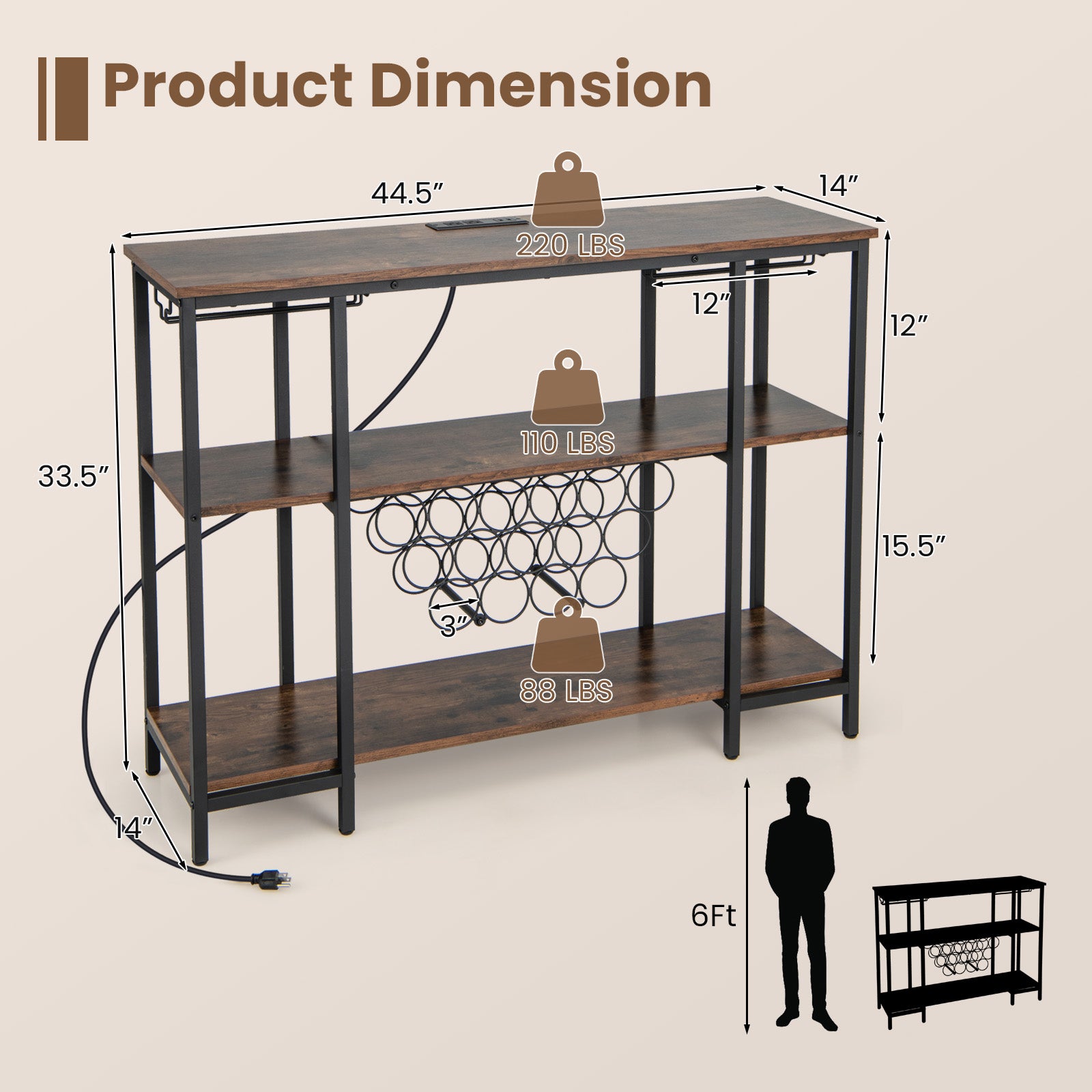 Industrial Wine Rack Wine Bar Cabinet with Storage Shelves, Brown Wine Racks at Gallery Canada