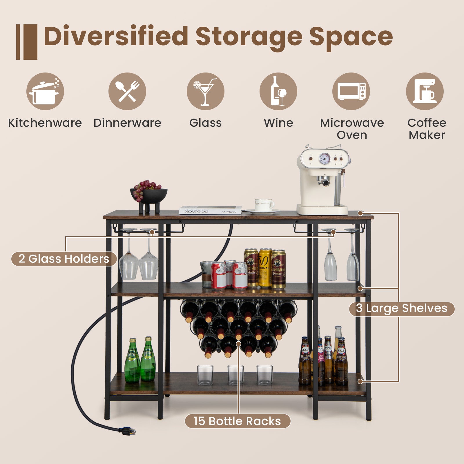 Industrial Wine Rack Wine Bar Cabinet with Storage Shelves, Brown Wine Racks at Gallery Canada