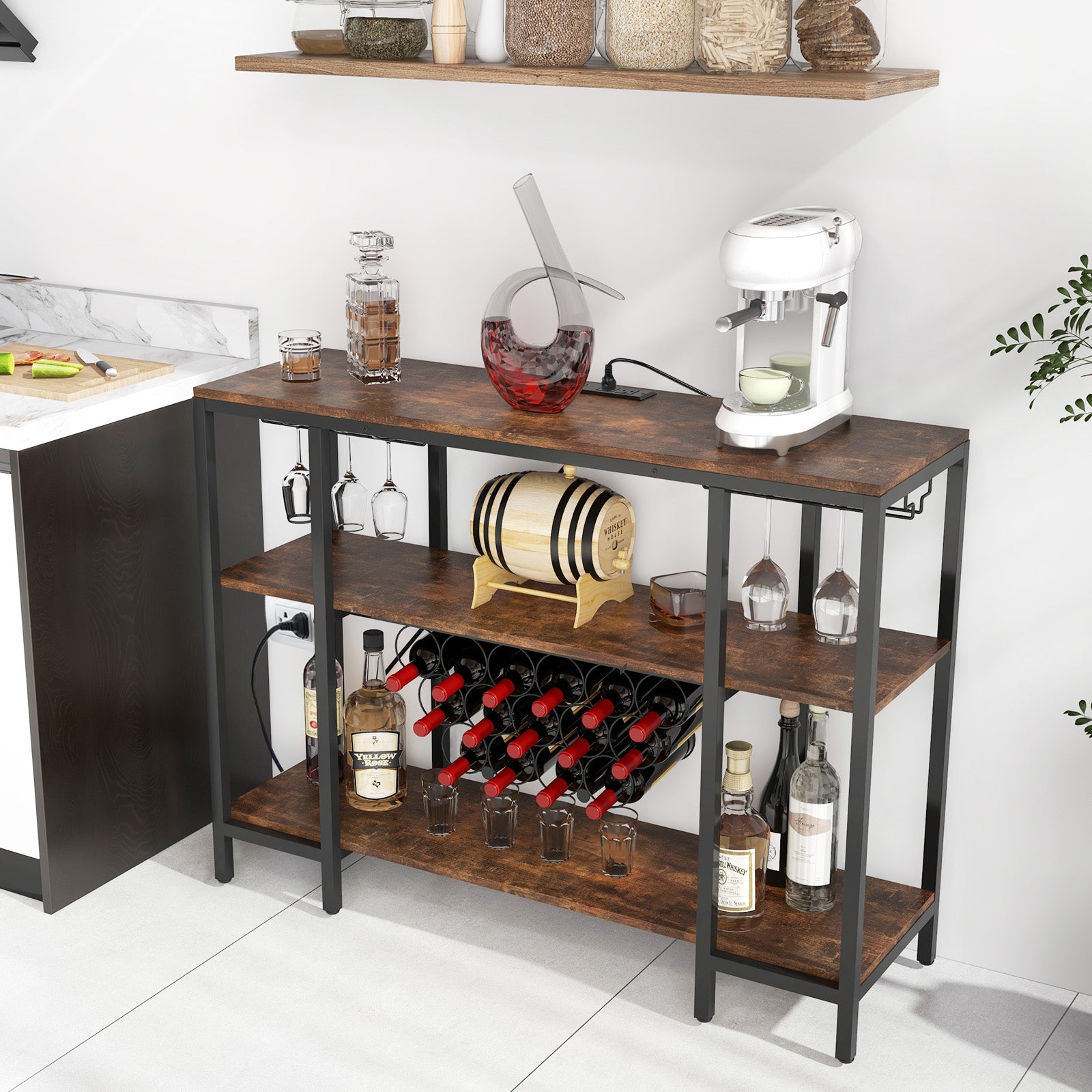Industrial Wine Rack Wine Bar Cabinet with Storage Shelves, Brown Wine Racks at Gallery Canada