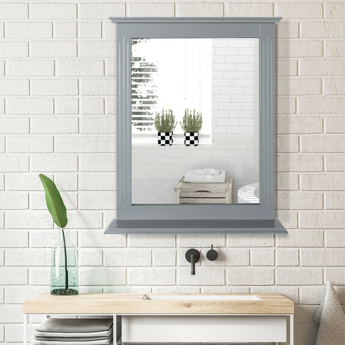 Wall-Mounted Multipurpose Vanity Mirror with Shelf, Gray