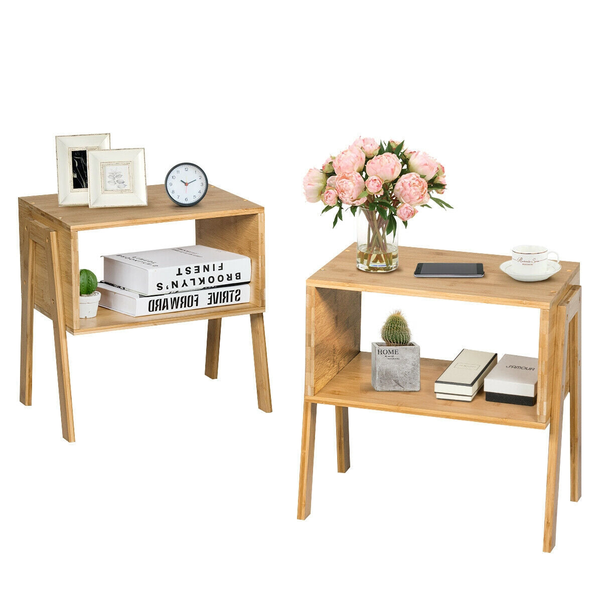 2 Pieces Bamboo Nightstand Sofa Table with Storage Shelf, Natural End & Side Tables at Gallery Canada