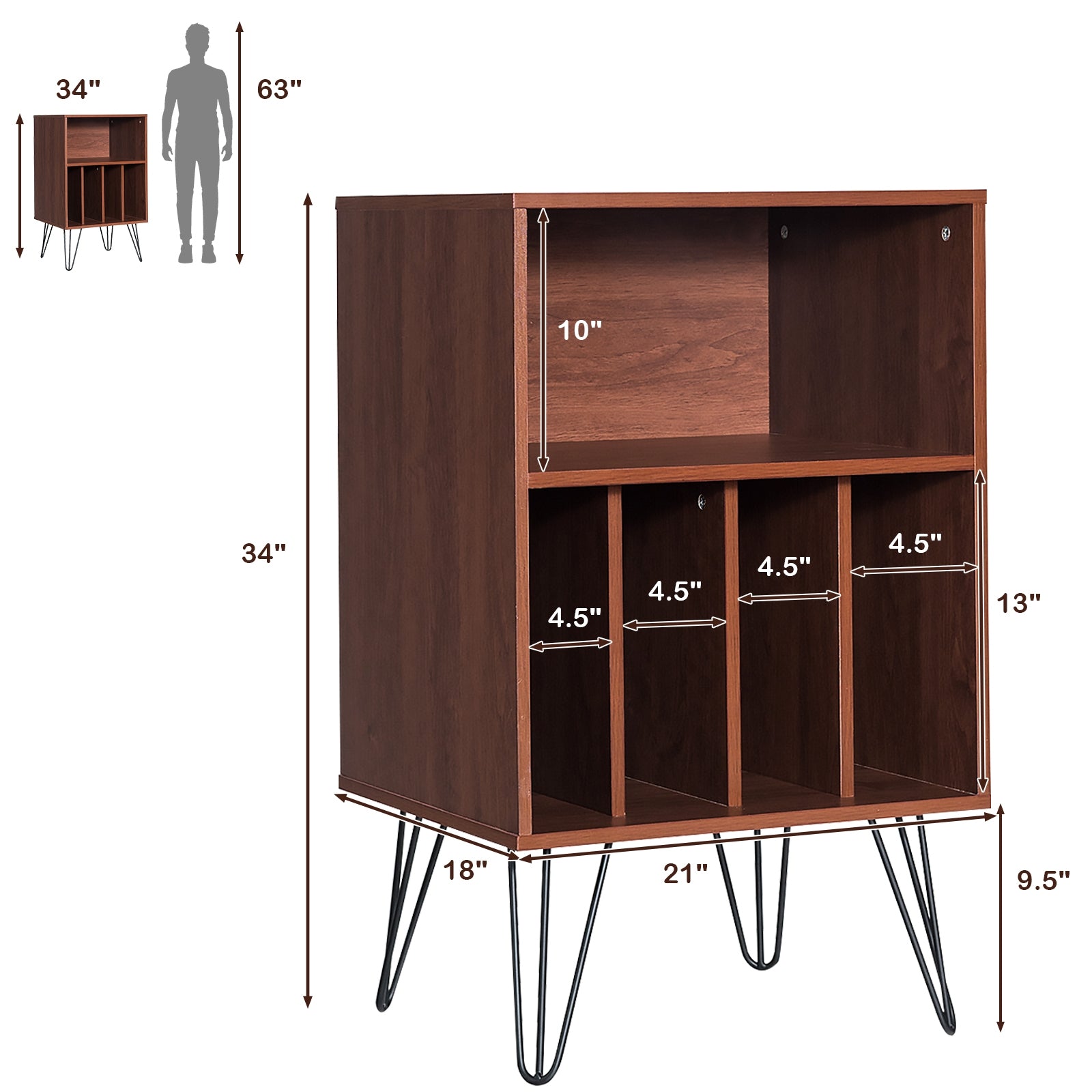 Freestanding Record Player Stand Storage Cabinet with Metal Legs, Brown File Cabinets at Gallery Canada