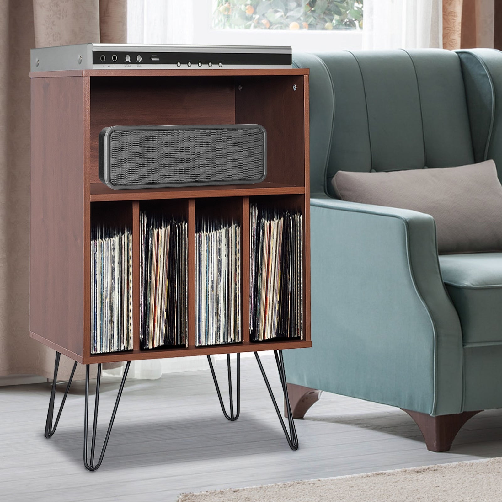 Freestanding Record Player Stand Storage Cabinet with Metal Legs, Brown File Cabinets at Gallery Canada