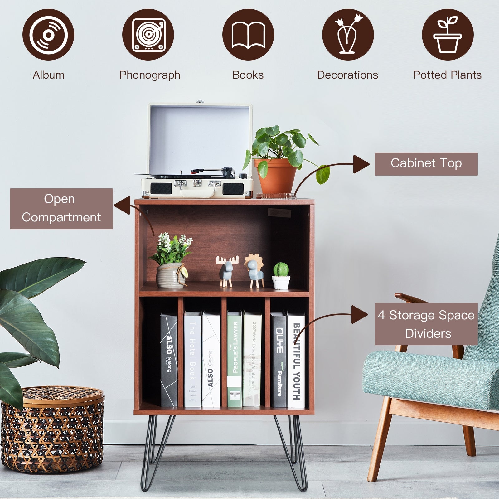Freestanding Record Player Stand Storage Cabinet with Metal Legs, Brown File Cabinets at Gallery Canada