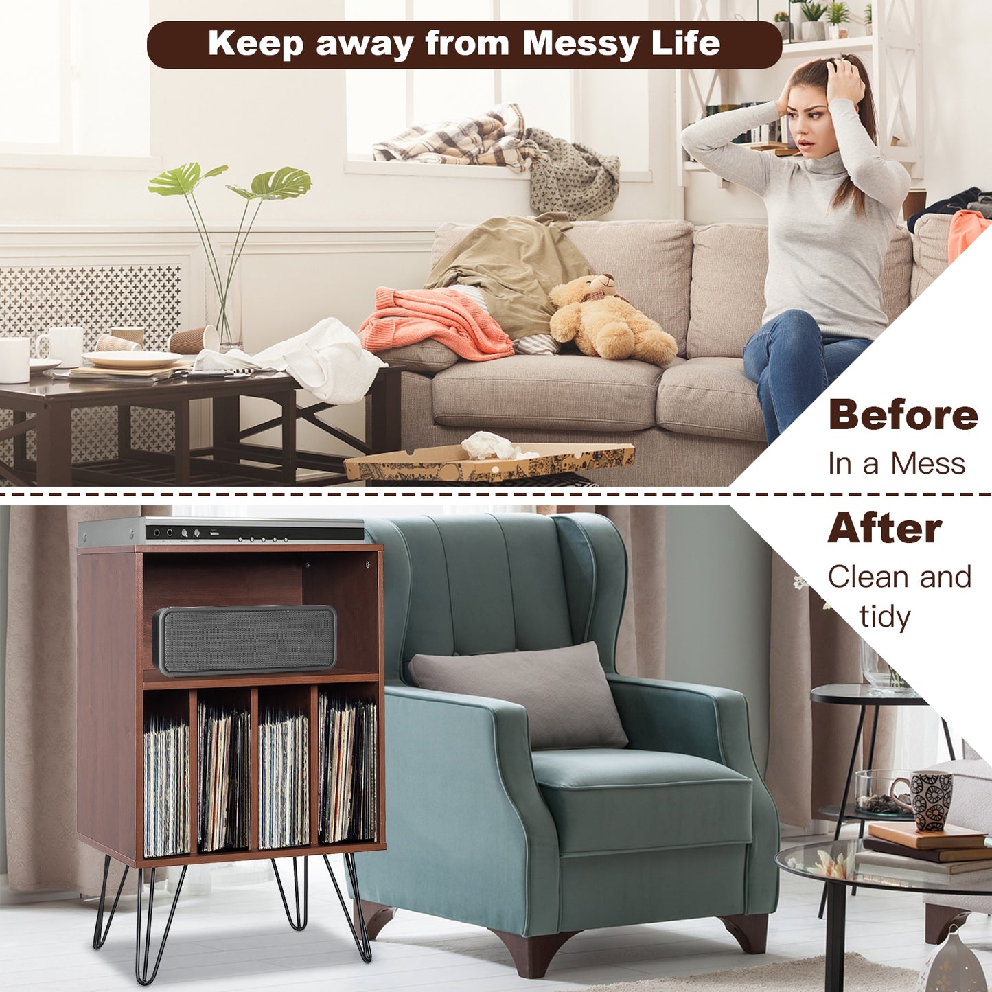 Freestanding Record Player Stand Storage Cabinet with Metal Legs, Brown File Cabinets at Gallery Canada