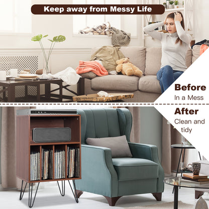 Freestanding Record Player Stand Storage Cabinet with Metal Legs, Brown File Cabinets at Gallery Canada