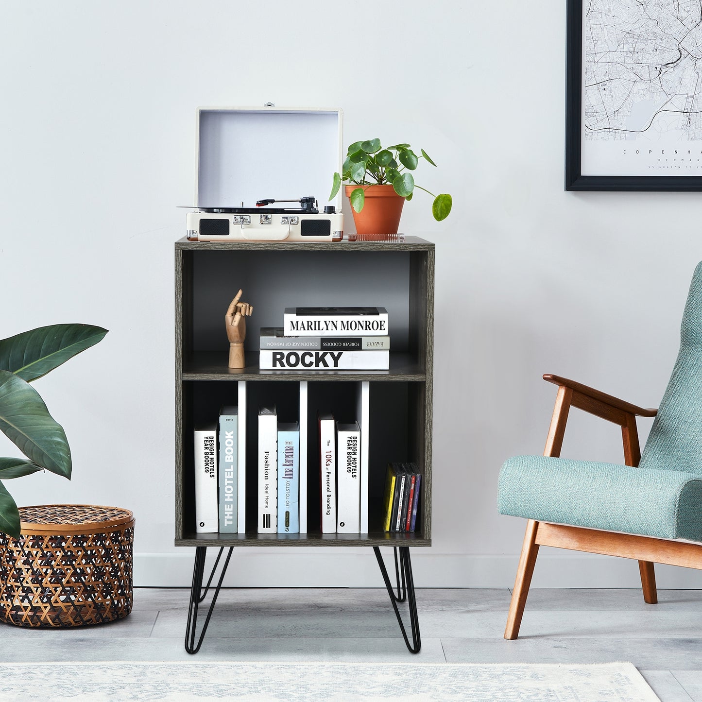 Freestanding Record Player Stand Record Storage Cabinet with Metal Legs, Gray File Cabinets at Gallery Canada