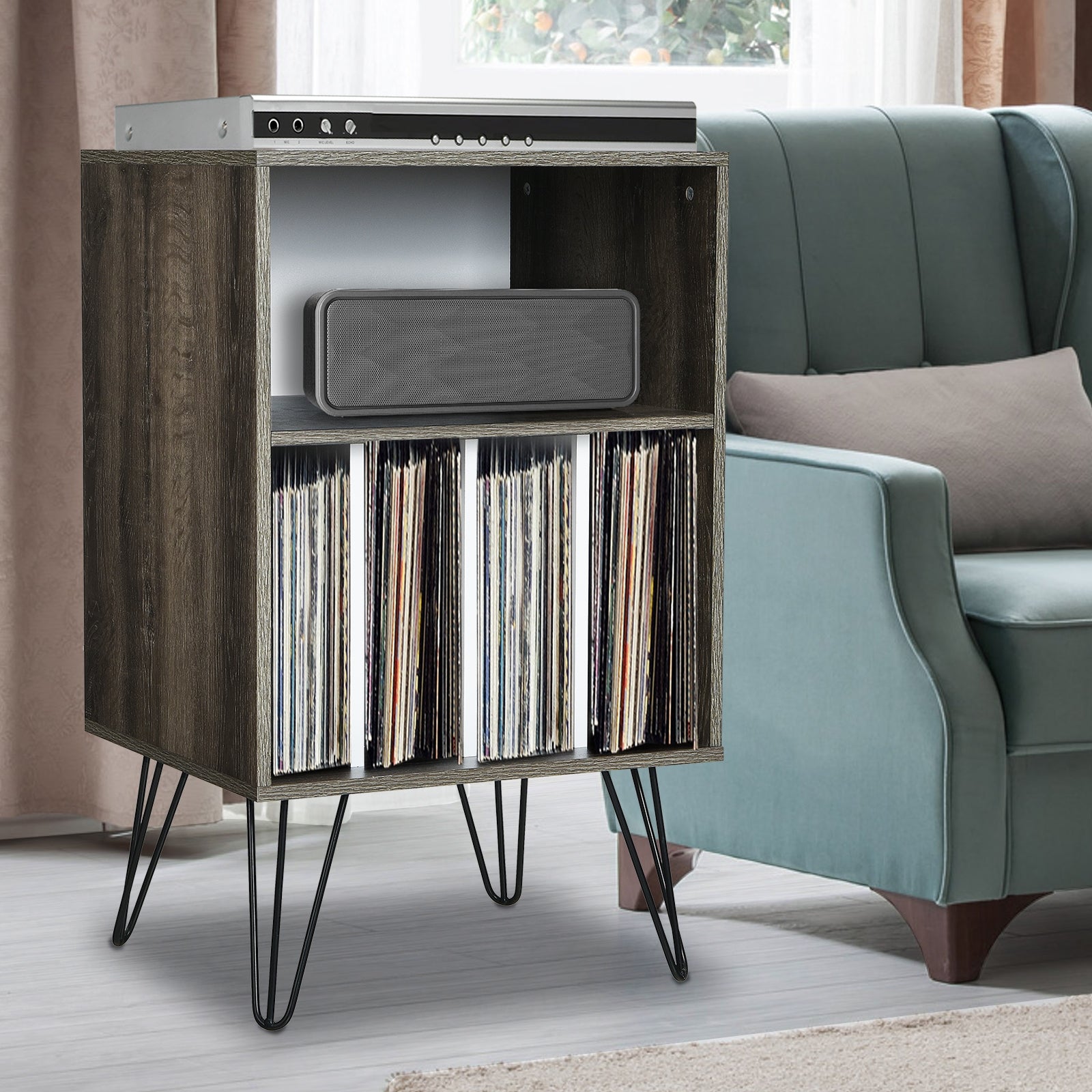 Freestanding Record Player Stand Record Storage Cabinet with Metal Legs, Gray File Cabinets at Gallery Canada
