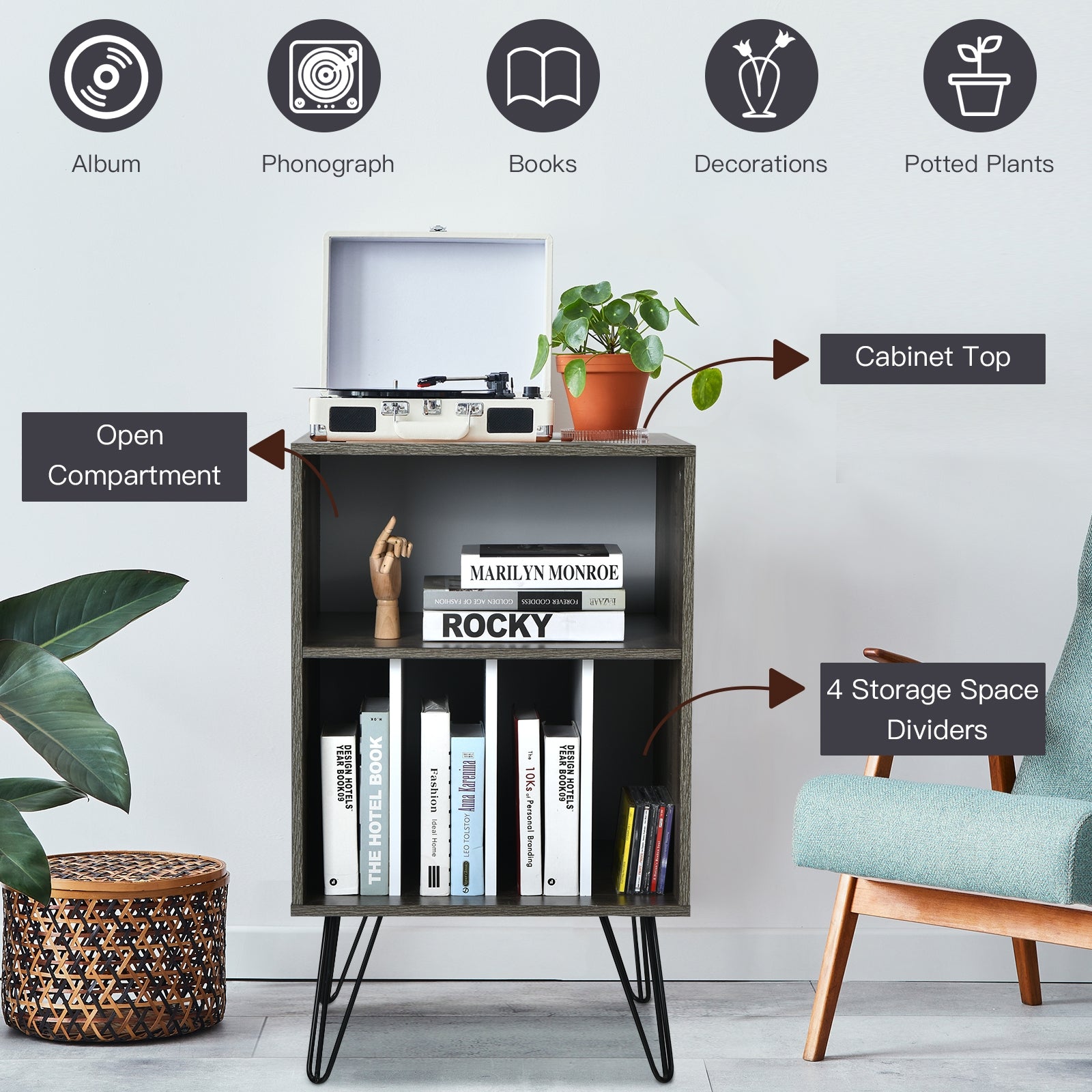 Freestanding Record Player Stand Record Storage Cabinet with Metal Legs, Gray File Cabinets at Gallery Canada