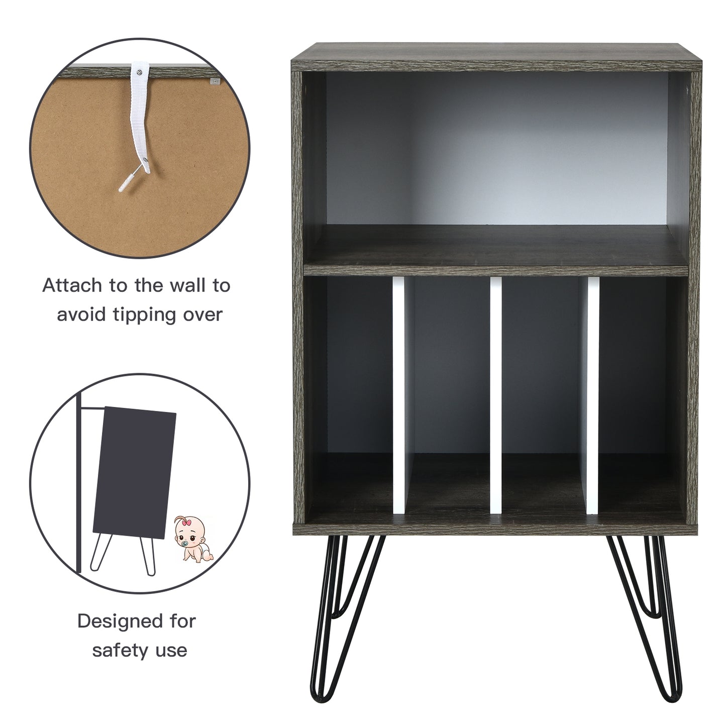 Freestanding Record Player Stand Record Storage Cabinet with Metal Legs, Gray File Cabinets at Gallery Canada