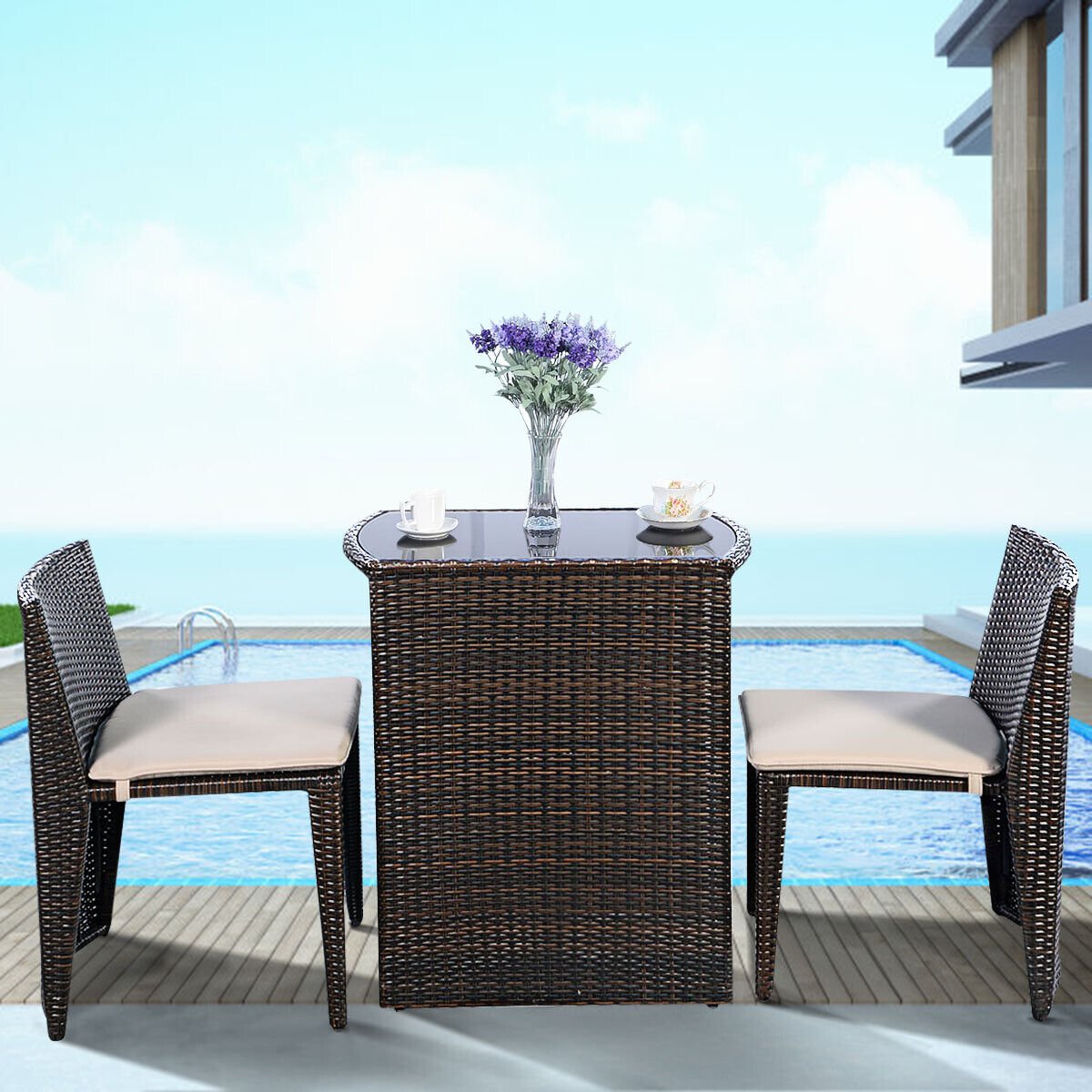 3 Pieces Cushioned Wicker Patio Bistro Set with No Assembly Needed, Black Patio Conversation Sets at Gallery Canada