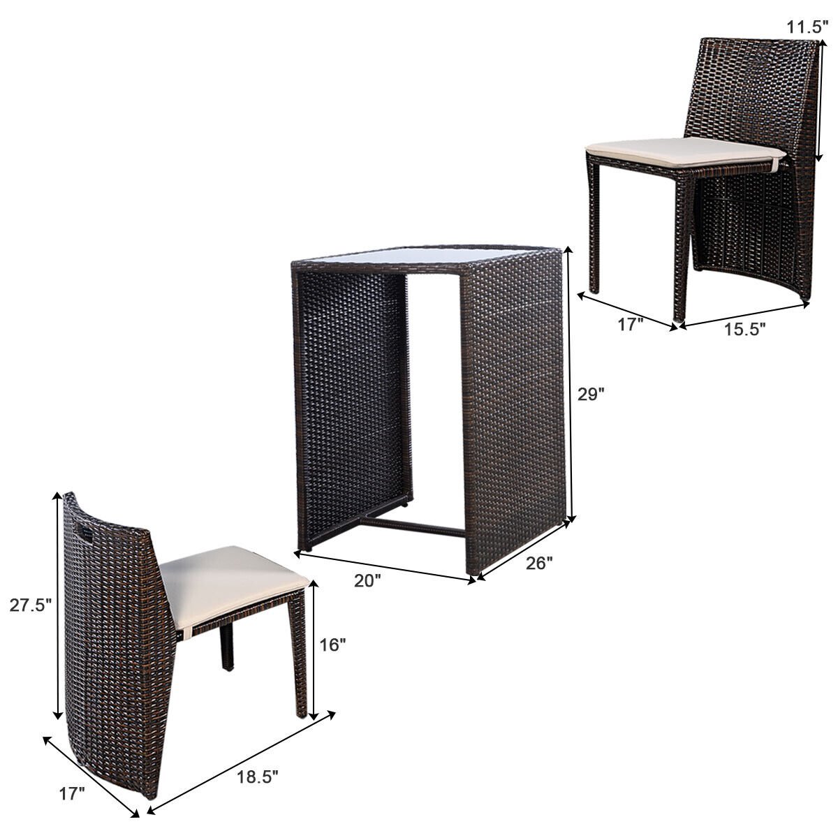 3 Pieces Cushioned Wicker Patio Bistro Set with No Assembly Needed, Black Patio Conversation Sets at Gallery Canada