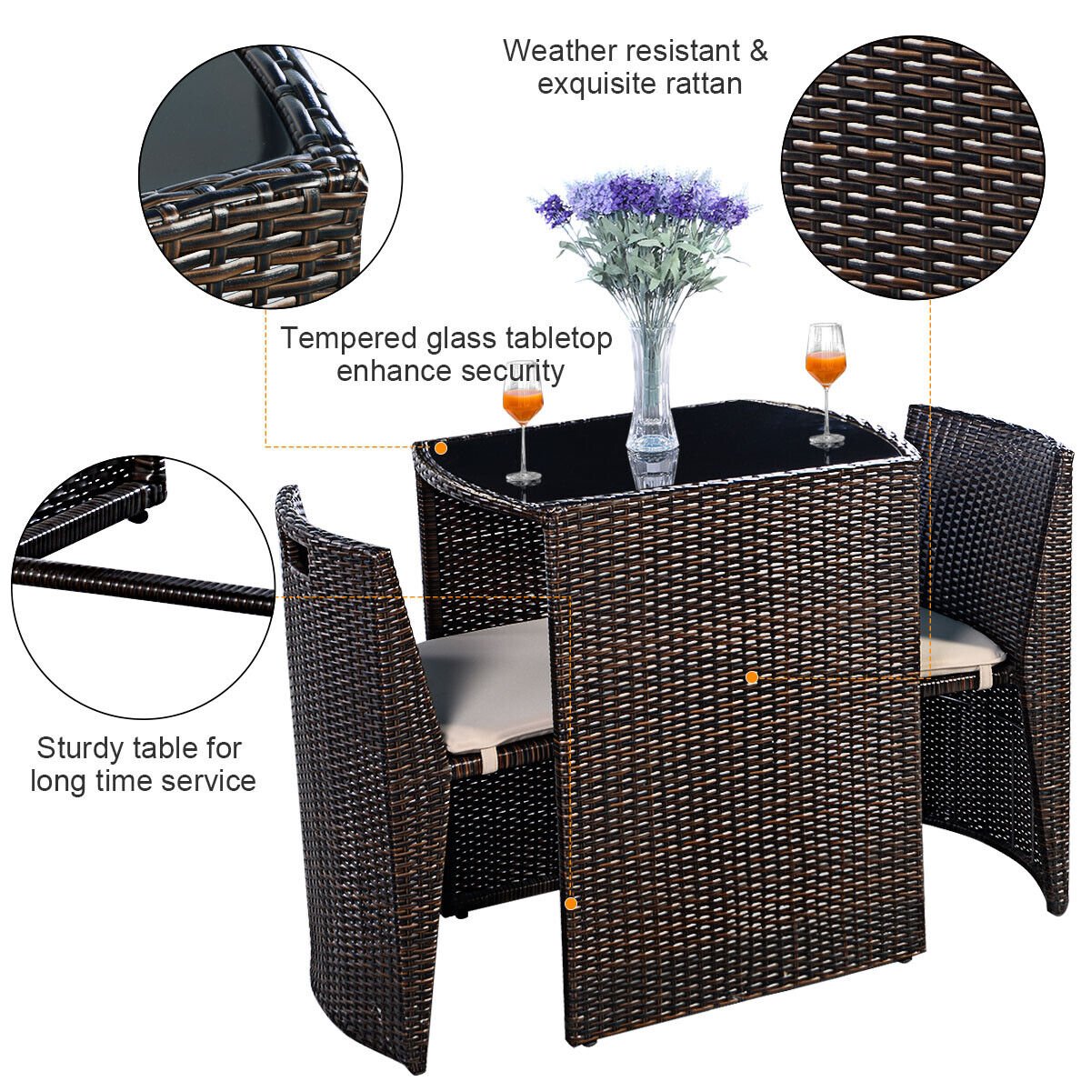 3 Pieces Cushioned Wicker Patio Bistro Set with No Assembly Needed, Black Patio Conversation Sets at Gallery Canada