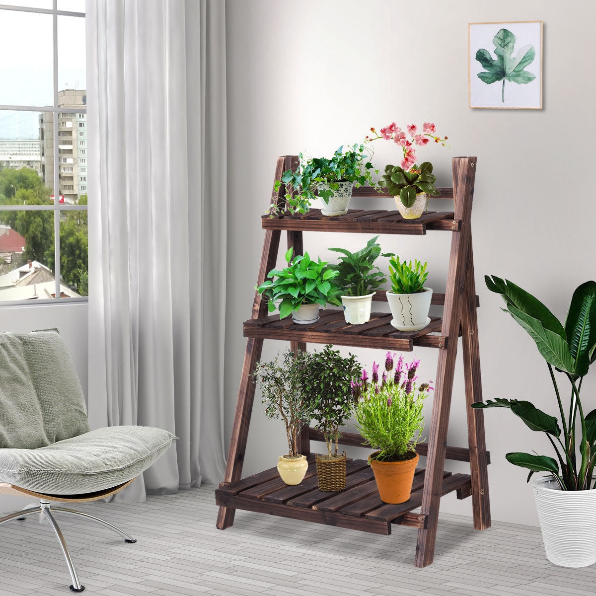 3 Tier Outdoor Wood Design Folding Display Flower Stand, Brown Plant Stands at Gallery Canada