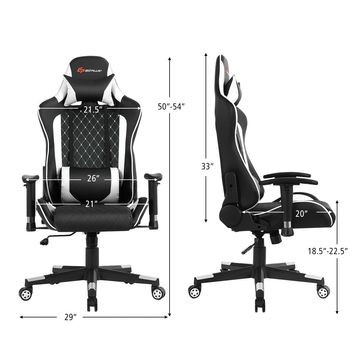 Massage Gaming Chair with Lumbar Support and Headrest, White Gaming Chairs at Gallery Canada