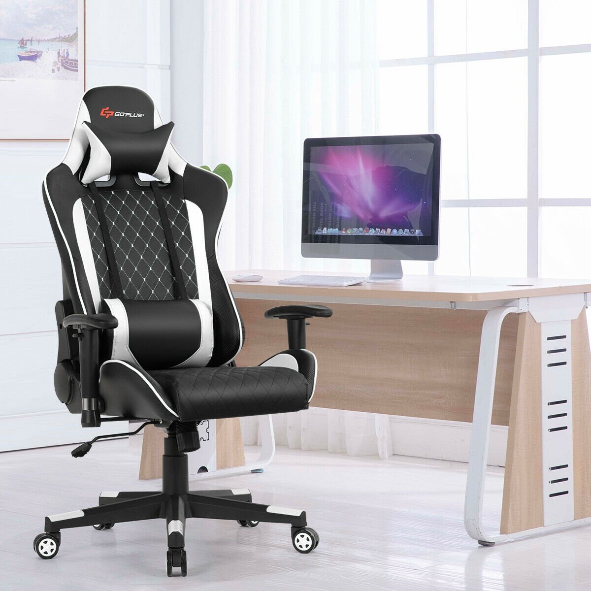 Massage Gaming Chair with Lumbar Support and Headrest, White - Gallery Canada