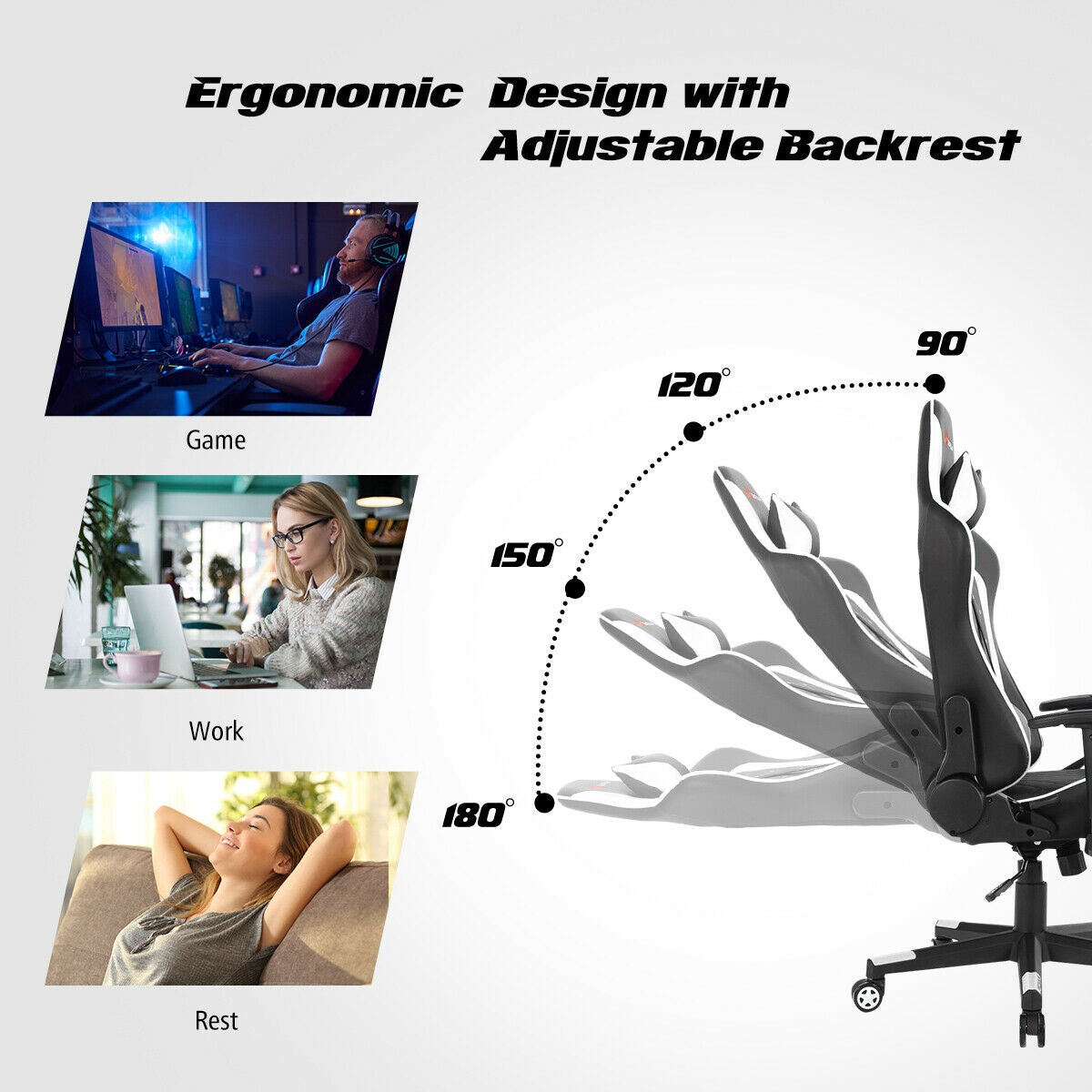 Massage Gaming Chair with Lumbar Support and Headrest, White Gaming Chairs at Gallery Canada