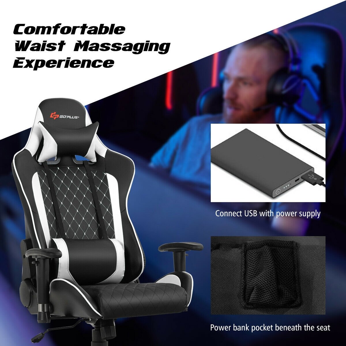Massage Gaming Chair with Lumbar Support and Headrest, White - Gallery Canada