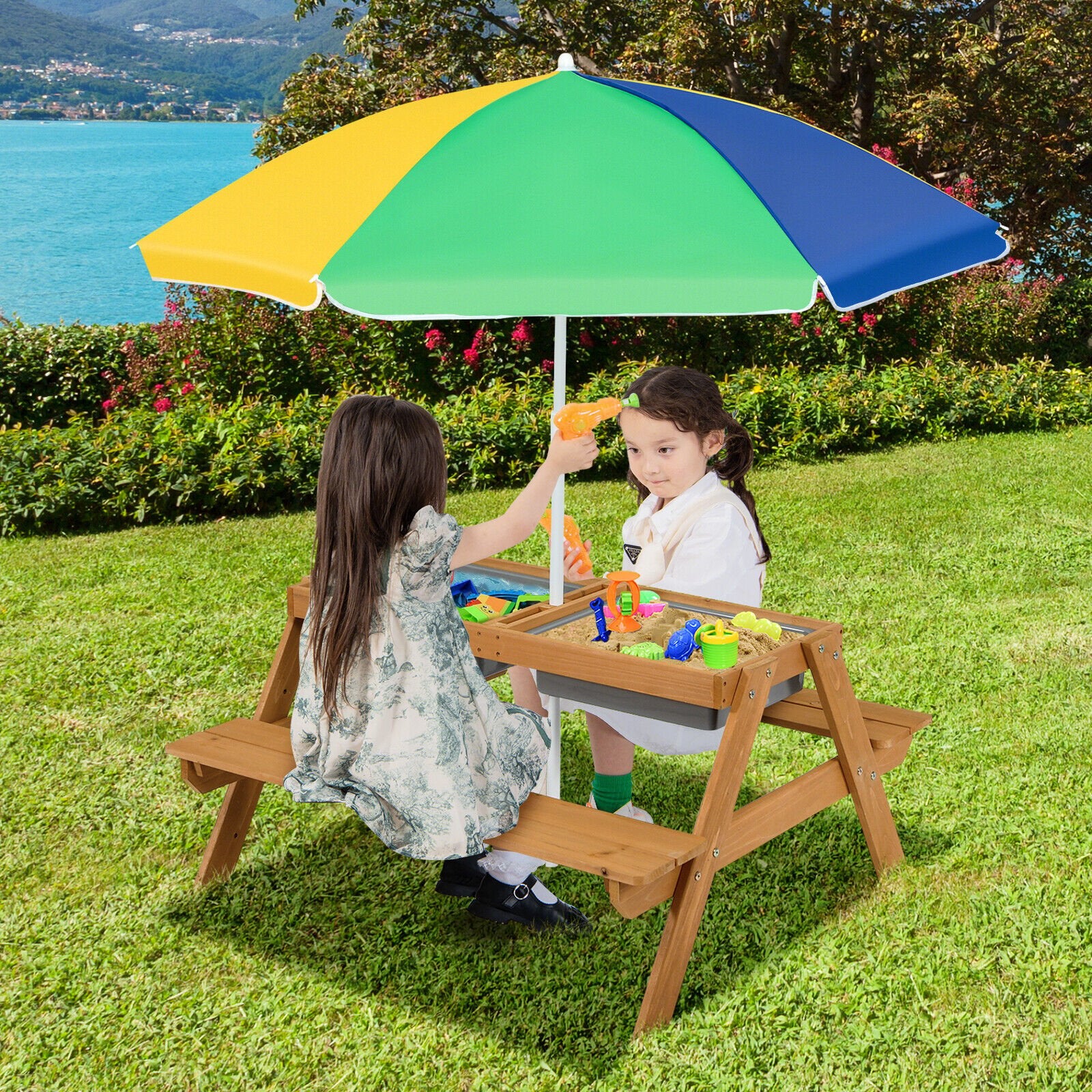 3-in-1 Kids Outdoor Picnic Water Sand Table with Umbrella Play Boxes, Yellow - Gallery Canada