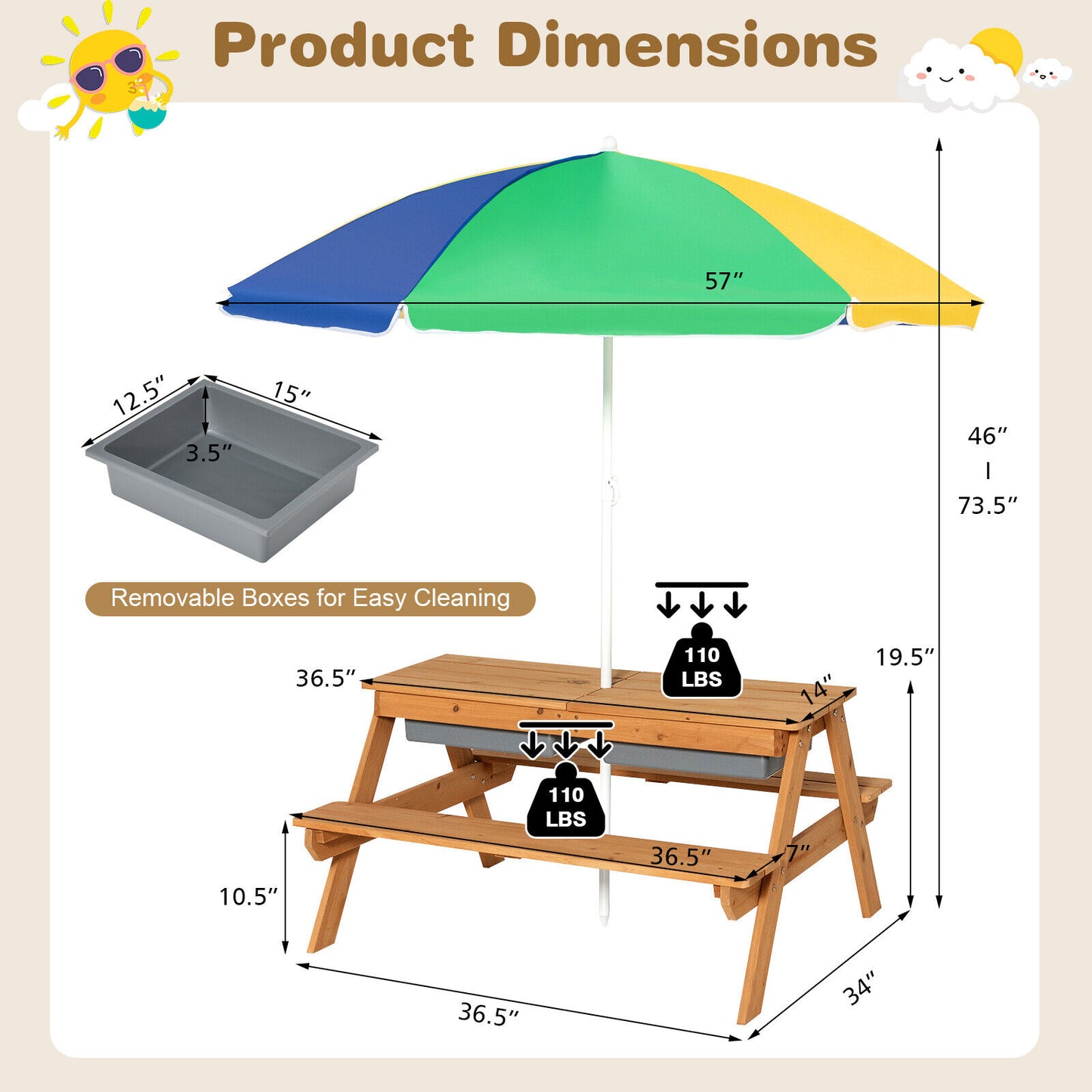 3-in-1 Kids Outdoor Picnic Water Sand Table with Umbrella Play Boxes, Yellow Kids Table & Chair Sets at Gallery Canada