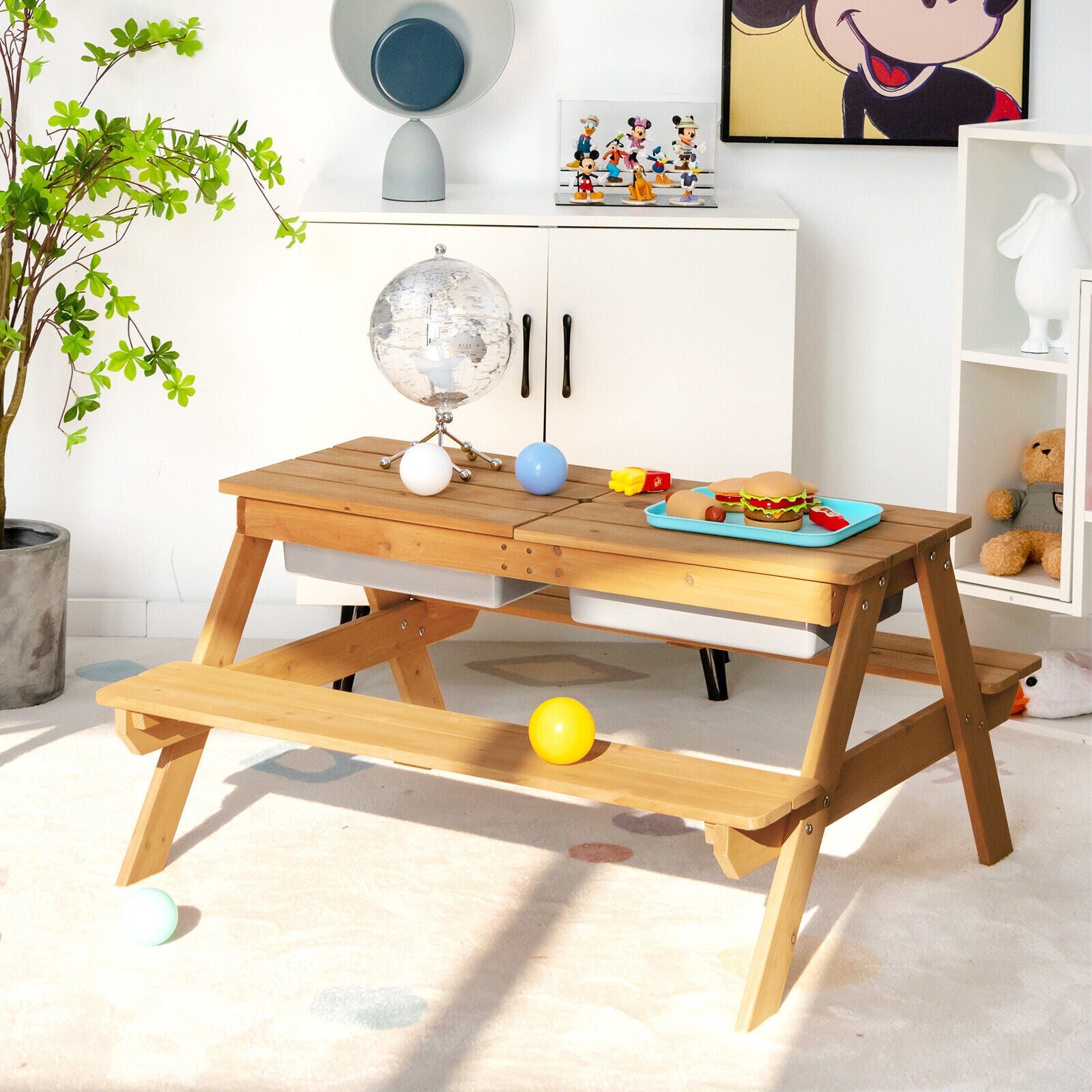 3-in-1 Kids Outdoor Picnic Water Sand Table with Umbrella Play Boxes, Yellow Kids Table & Chair Sets at Gallery Canada