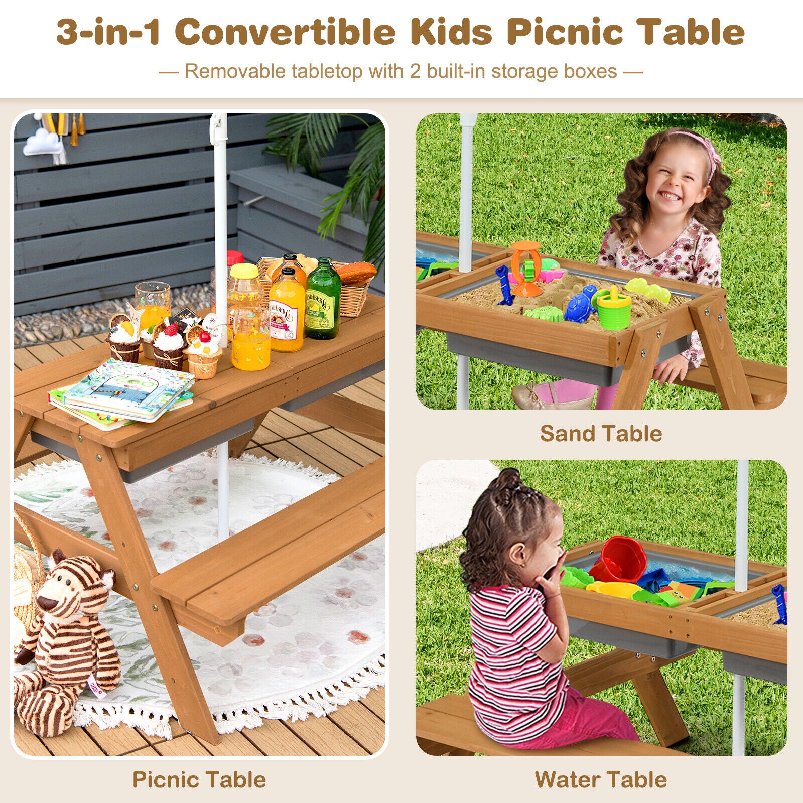 3-in-1 Kids Outdoor Picnic Water Sand Table with Umbrella Play Boxes, Yellow Kids Table & Chair Sets at Gallery Canada