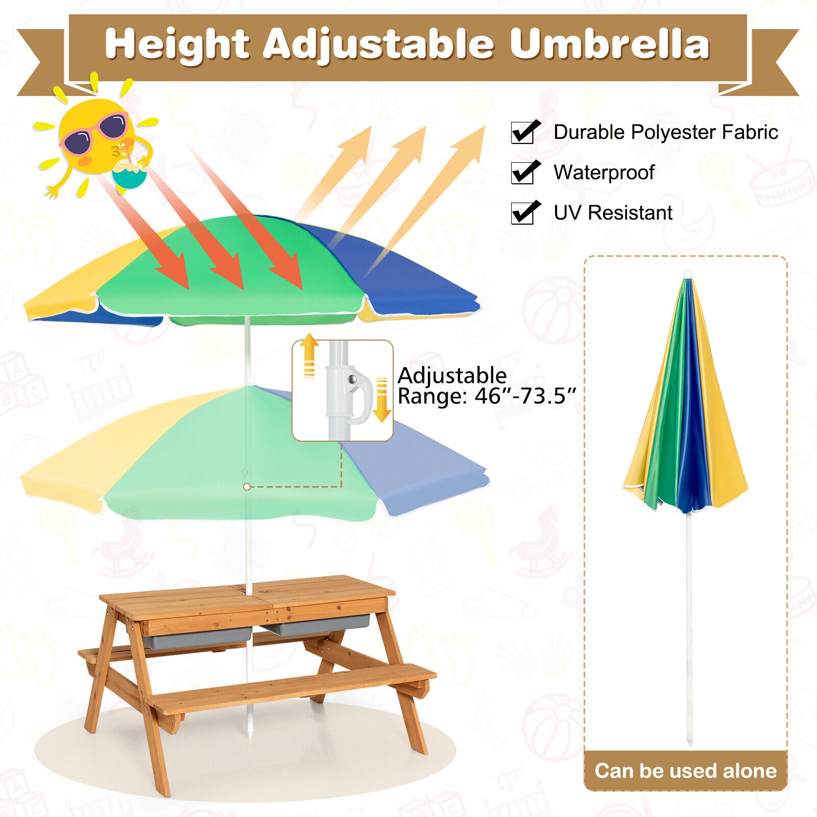 3-in-1 Kids Outdoor Picnic Water Sand Table with Umbrella Play Boxes, Yellow Kids Table & Chair Sets at Gallery Canada