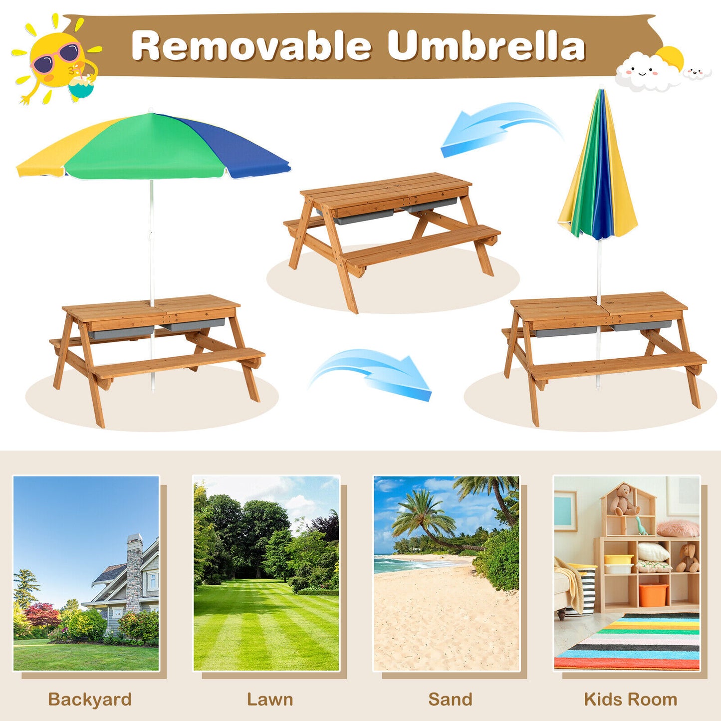 3-in-1 Kids Outdoor Picnic Water Sand Table with Umbrella Play Boxes, Yellow Kids Table & Chair Sets at Gallery Canada