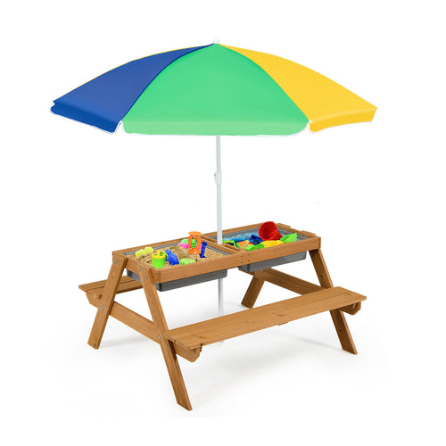 Kids 3-In-1 Water Sand Table, With Umbrella Play Boxes, Yellow