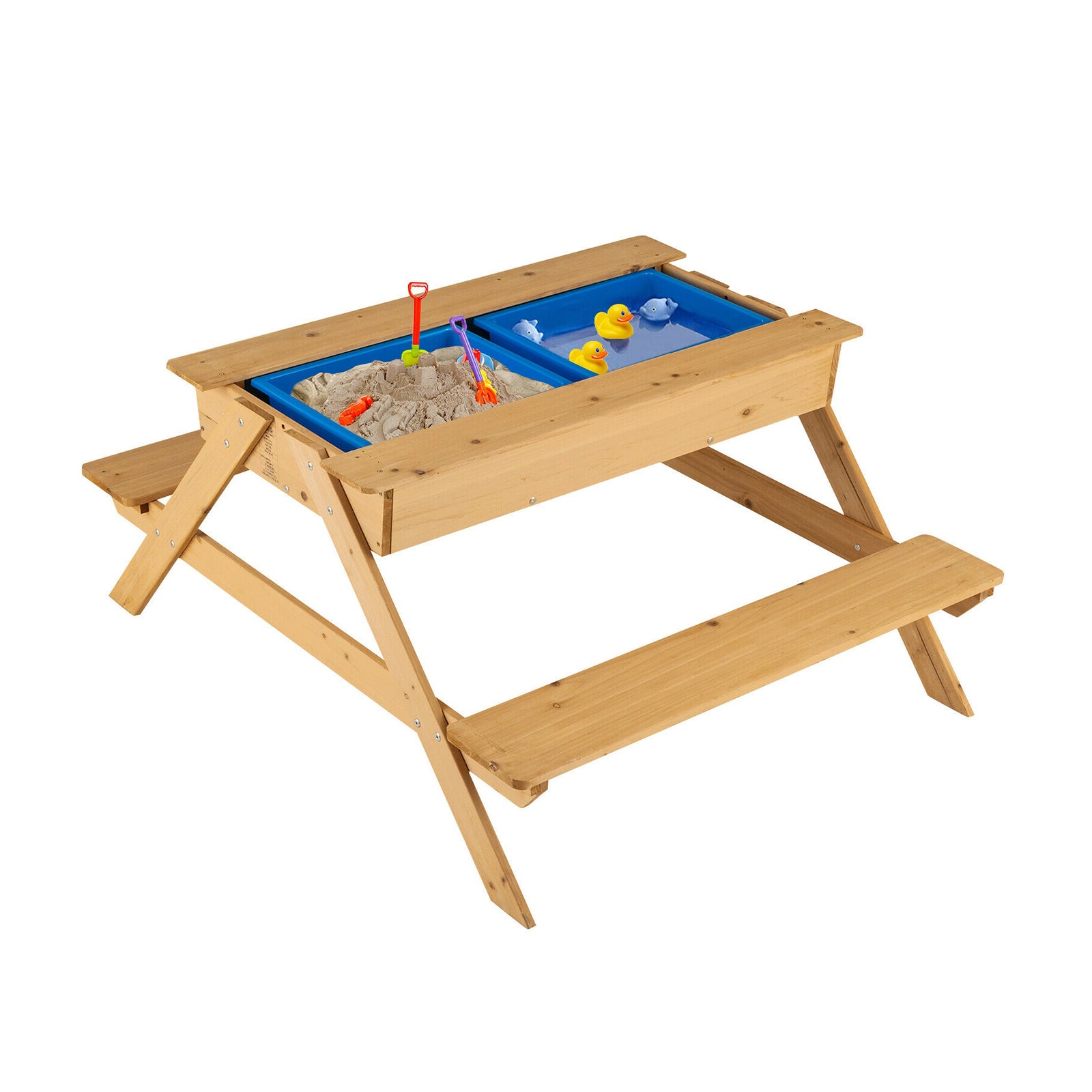 3-in-1 Kids Picnic Table Wooden Outdoor Water Sand Table with Play Boxes, Natural Kids Table & Chair Sets at Gallery Canada