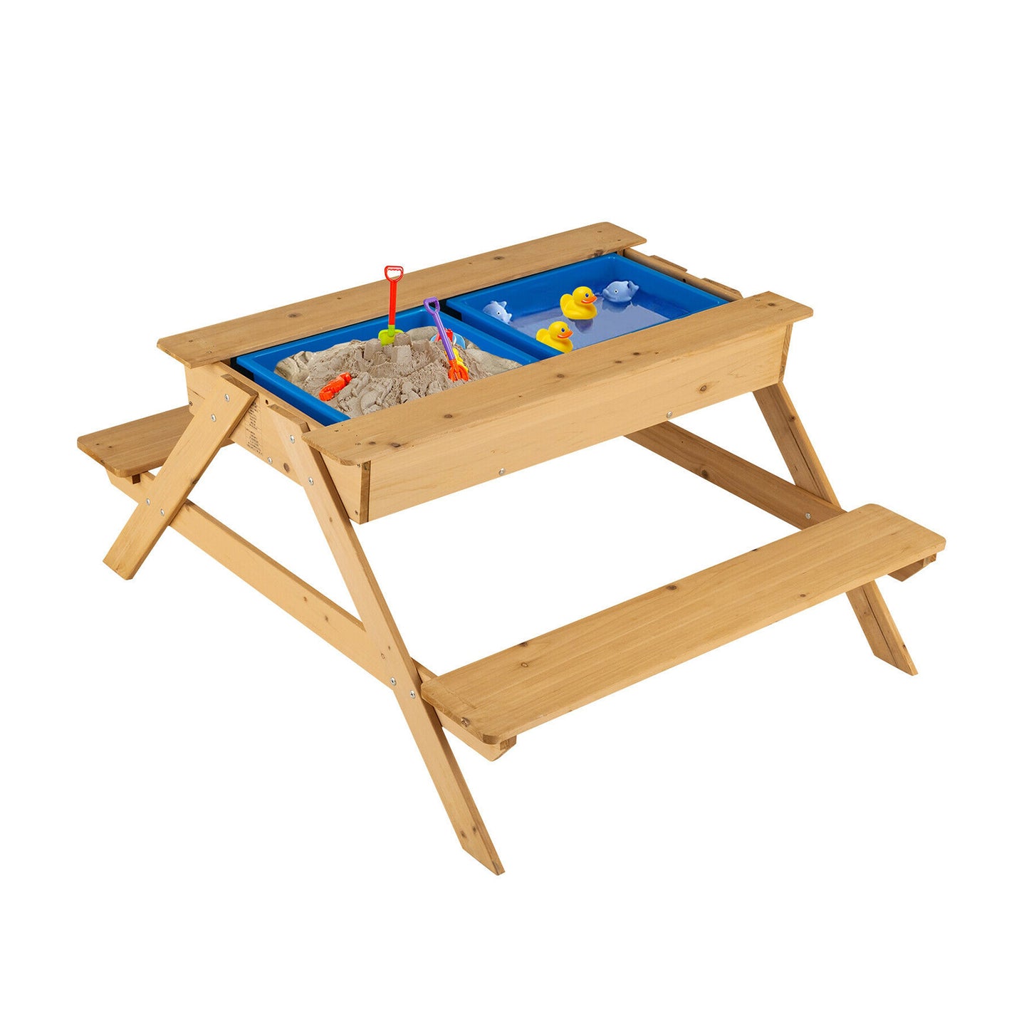 3-in-1 Kids Picnic Table, Wooden Outdoor Water Sand Table, Natural