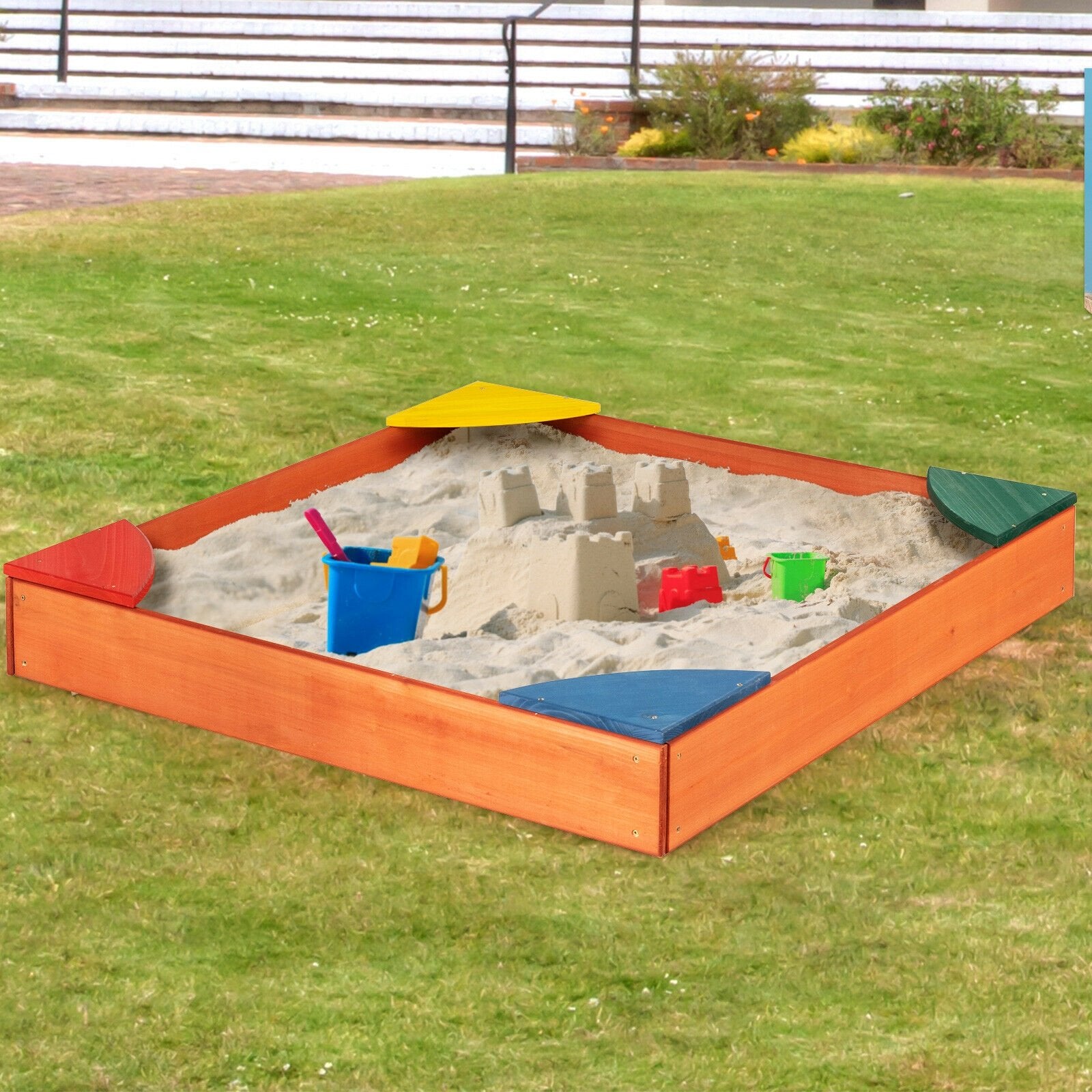 Kids Outdoor Wooden Backyard Sandbox with Built-in Corner Seating, Multicolor at Gallery Canada