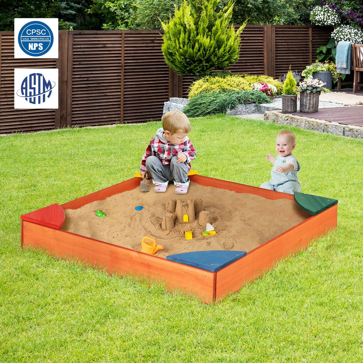 Kids Wooden Sandbox With Corner Seating, Multicolor