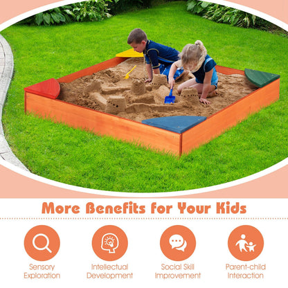 Kids Outdoor Wooden Backyard Sandbox with Built-in Corner Seating, Multicolor