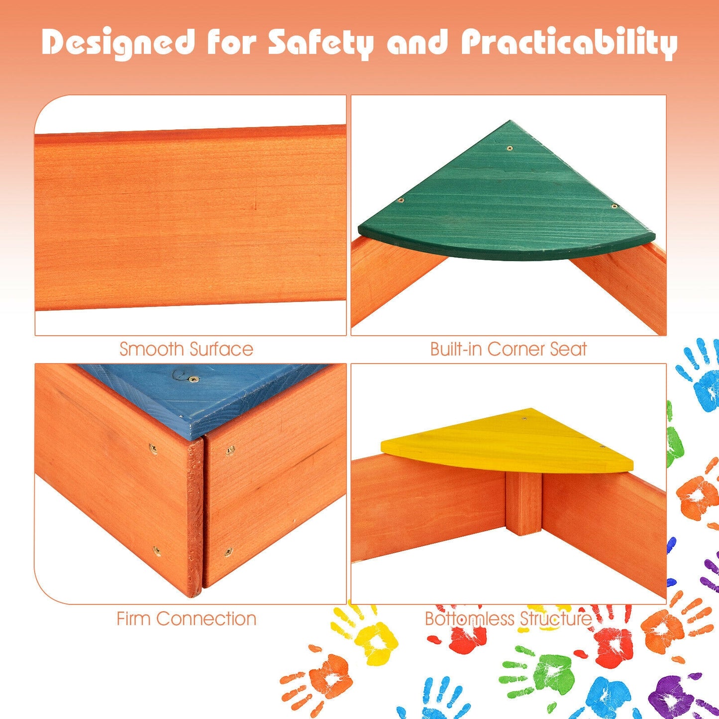 Kids Wooden Sandbox With Corner Seating, Multicolor