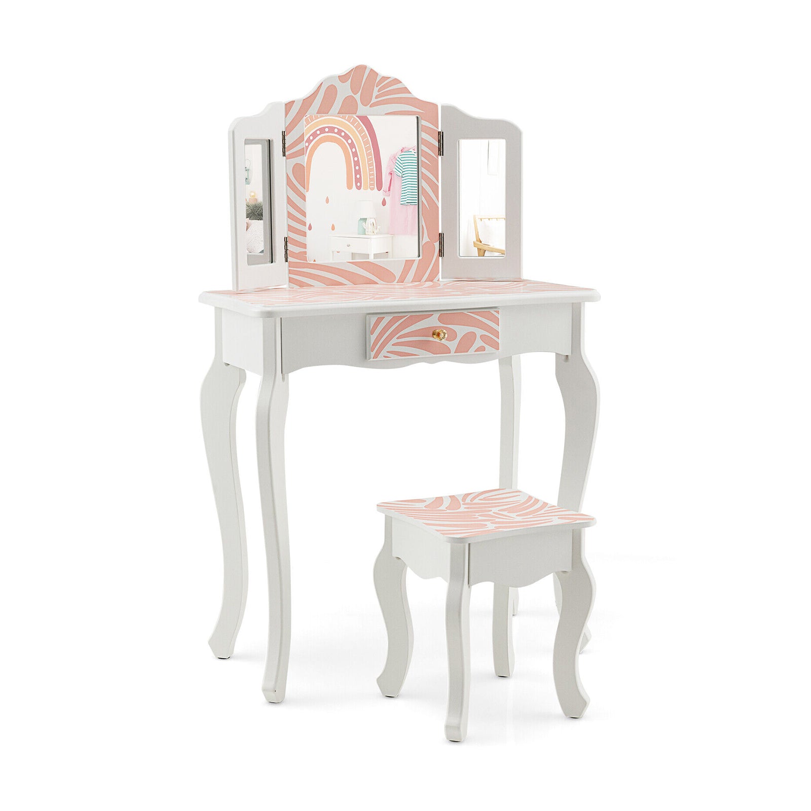 2-in-1 Kids Vanity Table Set with Tri-Folding Mirror, Pink Kids Vanities at Gallery Canada