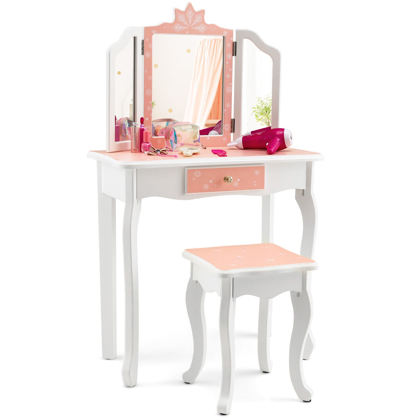Princess Vanity Table and Chair Set with Tri-Folding Mirror and Snowflake Print, Pink Kids Vanities at Gallery Canada