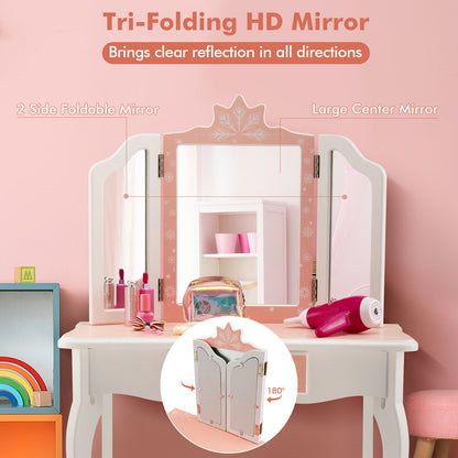 Princess Vanity Table and Chair Set with Tri-Folding Mirror and Snowflake Print, Pink Kids Vanities at Gallery Canada