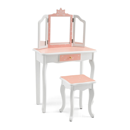 Princess Vanity Table, Chair Set, Tri-Folding Mirror, Pink