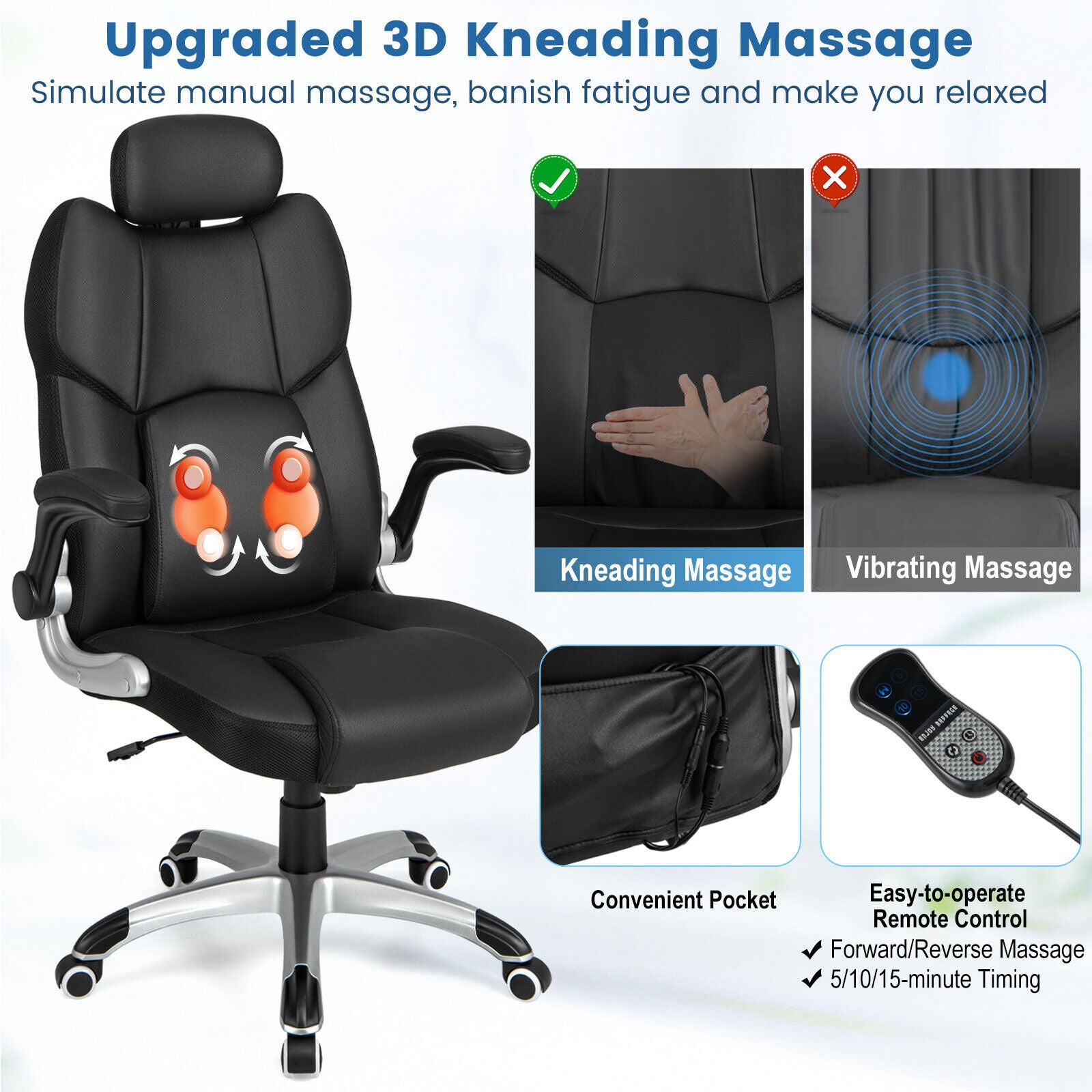 Kneading Massage Office Chair with Adjustable Headrest, Black Executive Chairs at Gallery Canada