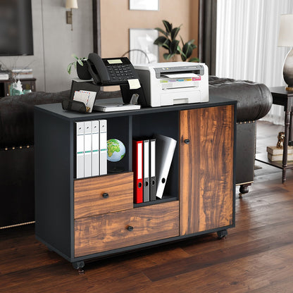 Mobile Filing Cabinet 2 Drawers with Open Shelves for Home and Office, Rustic Brown - Gallery Canada