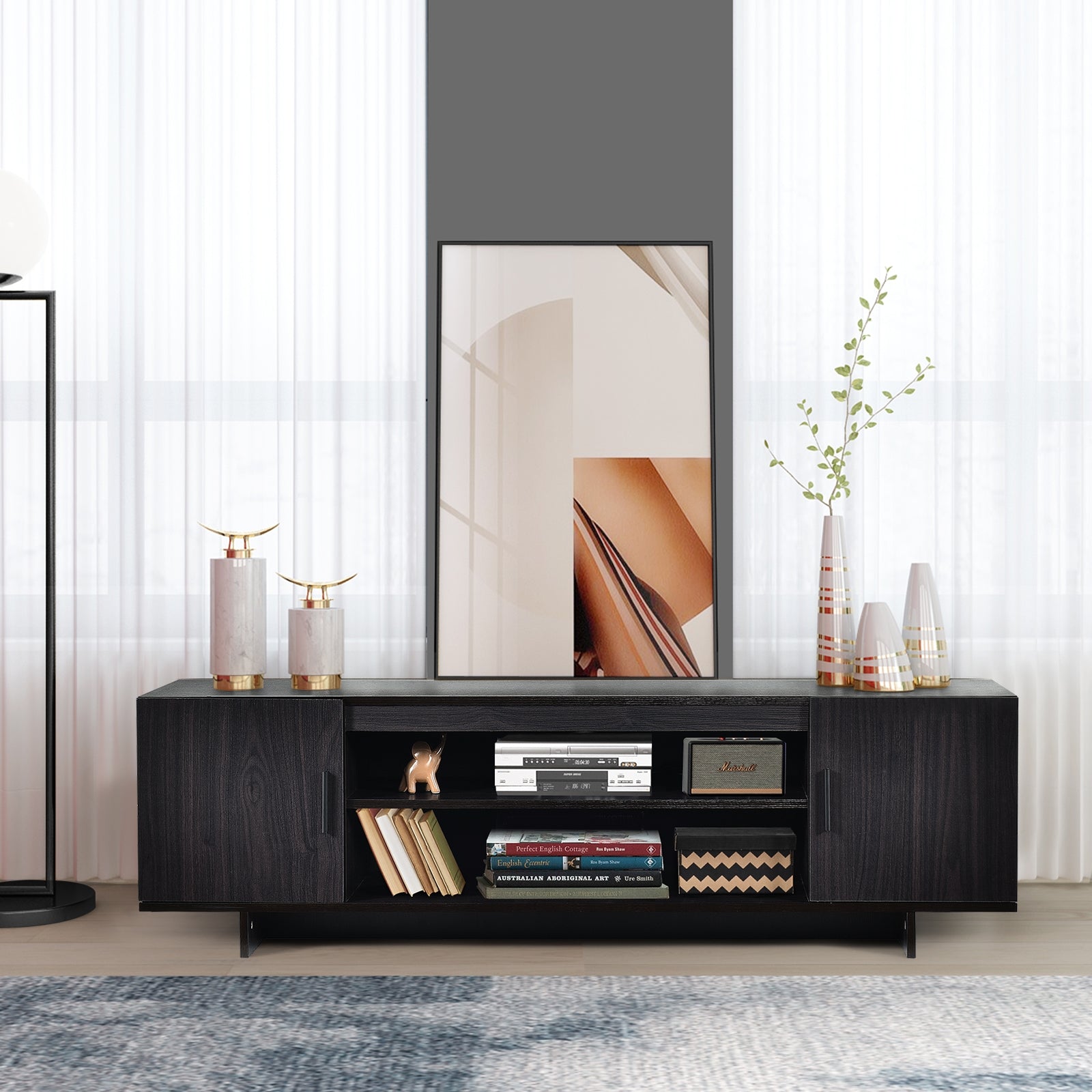 Modern Wood Universal TV Stand for TV up to 65 Inch with 2 Storage Cabinets, Dark Gray Entertainment Centers & TV Stands at Gallery Canada