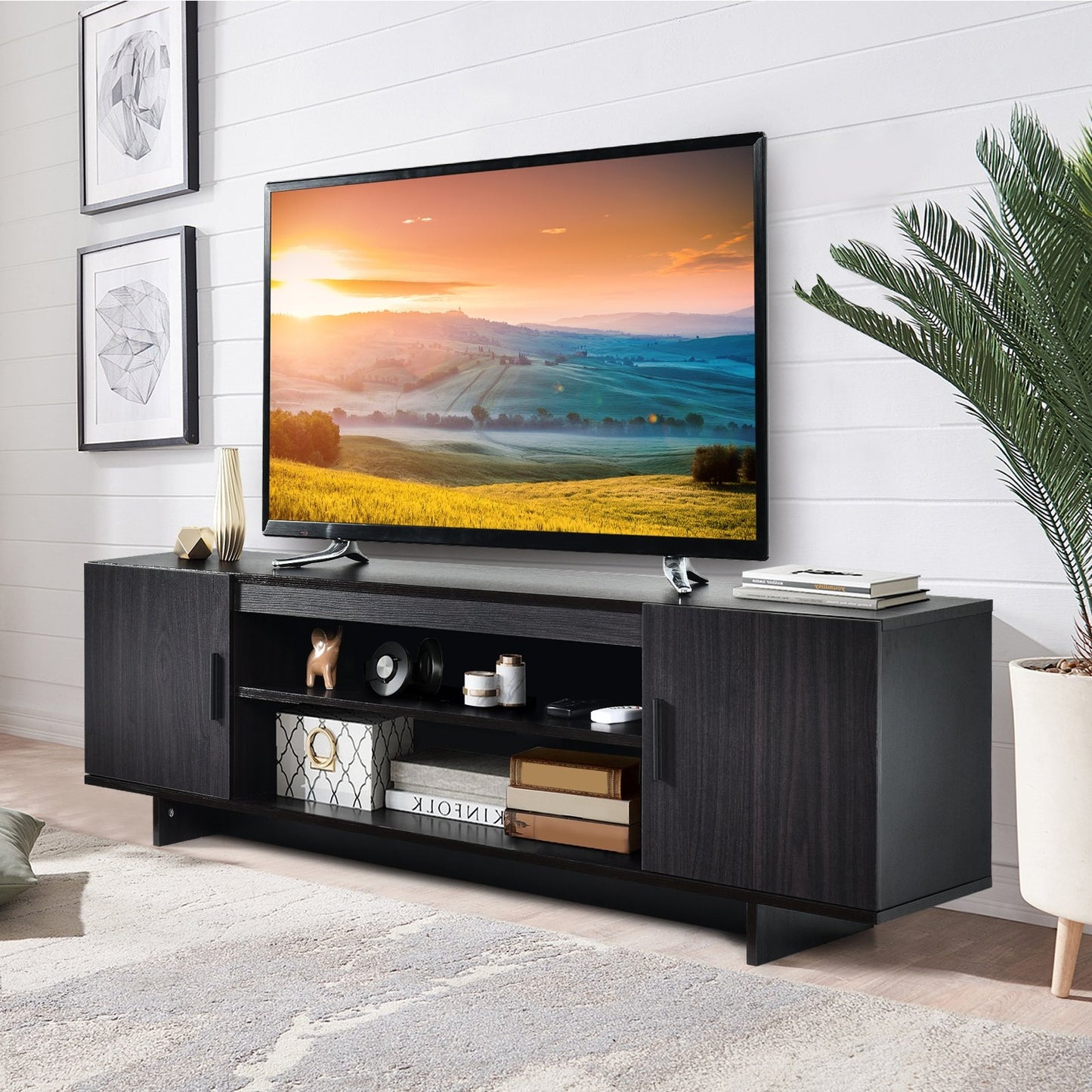 Modern Wood Universal TV Stand for TV up to 65 Inch with 2 Storage Cabinets, Dark Gray - Gallery Canada