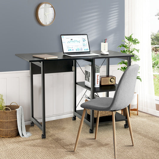 Folding Writing Office Desk with Storage Shelves, Black - Gallery Canada