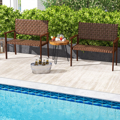 Outdoor All Weather Bench with Solid Rubber Wood Frame and Hand Woven PU Leather, Brown Outdoor Benches at Gallery Canada