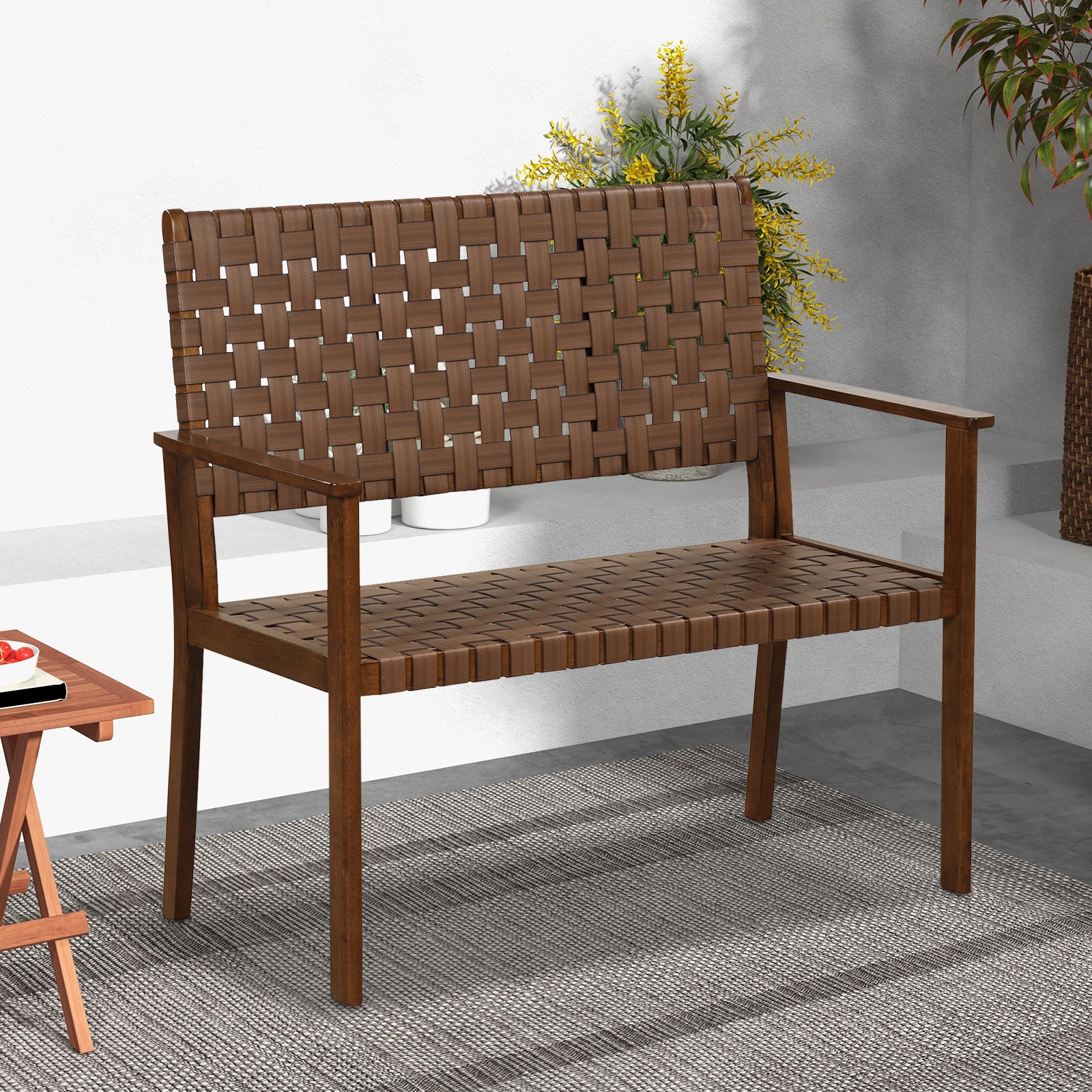 Outdoor All Weather Bench with Solid Rubber Wood Frame and Hand Woven PU Leather, Brown Outdoor Benches at Gallery Canada