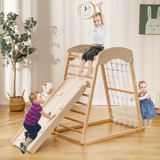 6-in-1 Jungle Gym Wooden Indoor Playground with Double-Sided Ramp and Monkey Bars, Natural - Gallery Canada